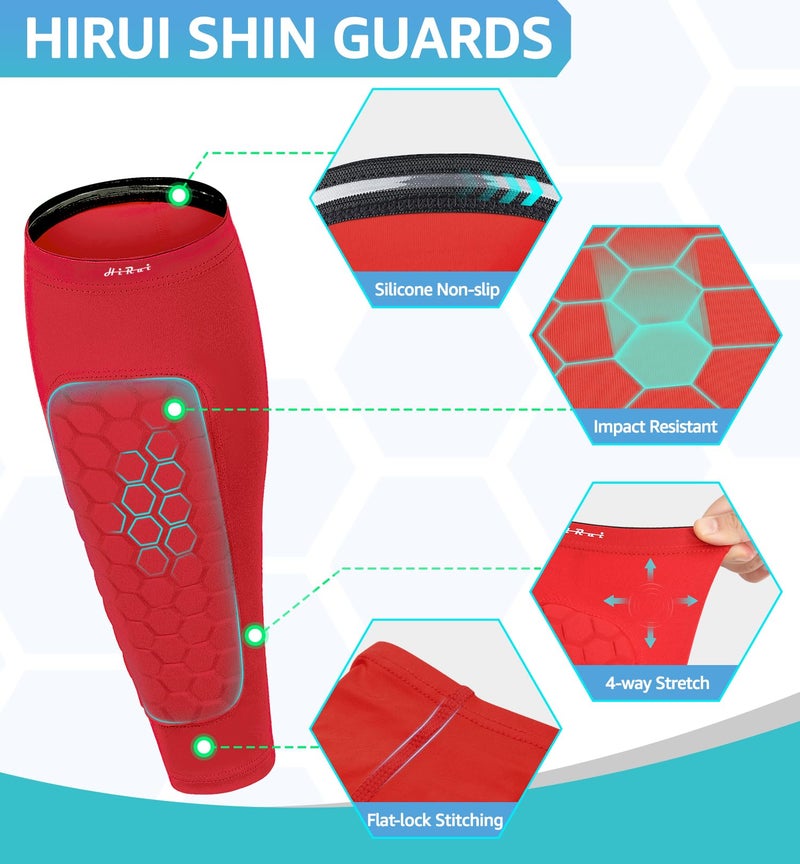 HiRui حراس الساقين HiRui للأطفال والشباب والبالغين، كم ضغط الساق مع وسائد خلوية، دعم لالتهاب الساقين، البيسبول، الملاكمة، الكيك بوكسينغ، MTB، خفيف الوزن (1 زوج) (أحمر، XL) - Image 3